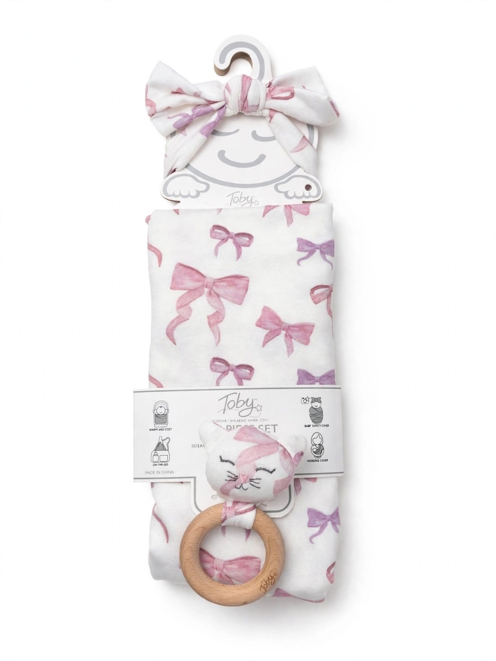 Toby & Co Pink Bow Baby Blanket Set – 3 Pc with Headband & Ratt